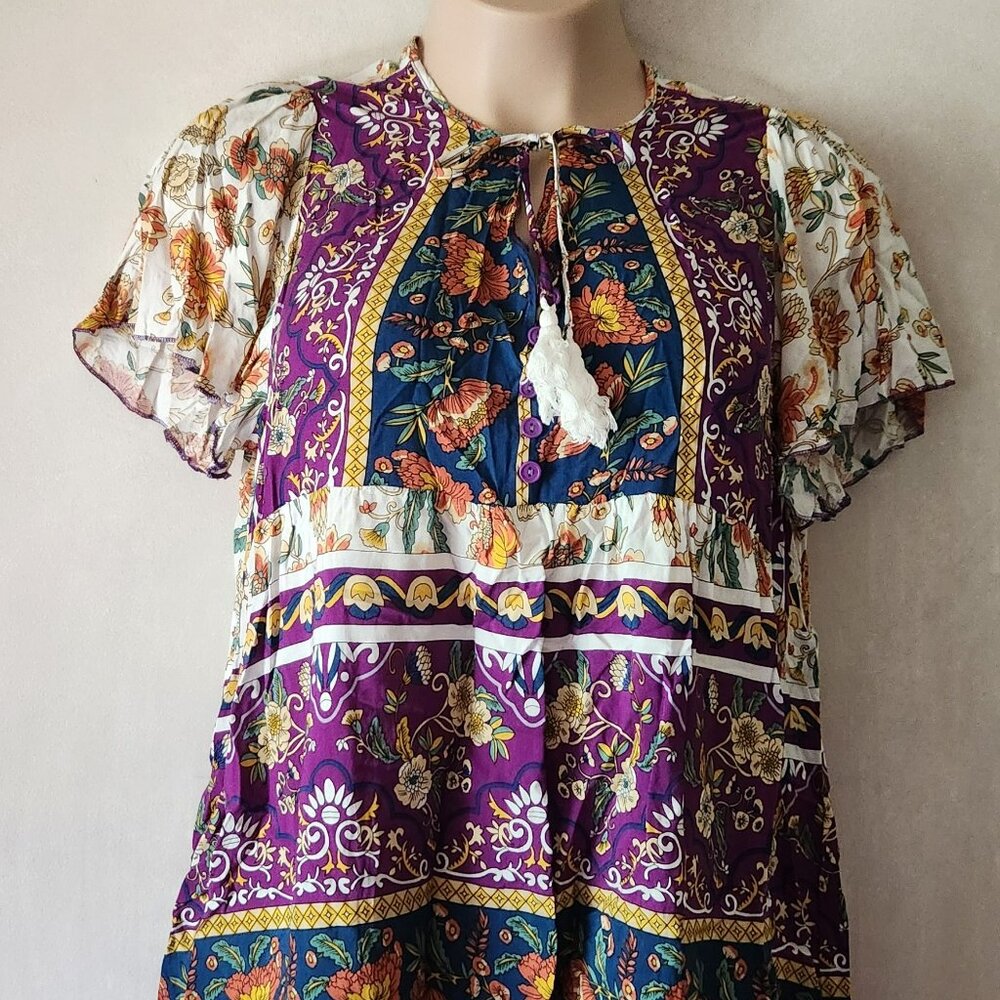 Boho Floral Patchwork Peasant Top - Purple Multi